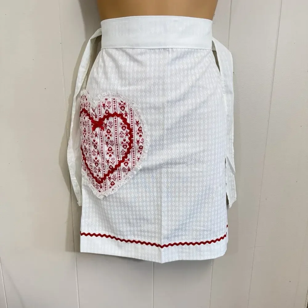 Vintage White Half Apron Red Heart Applique Rick Rack Cottagecore Valentine’s